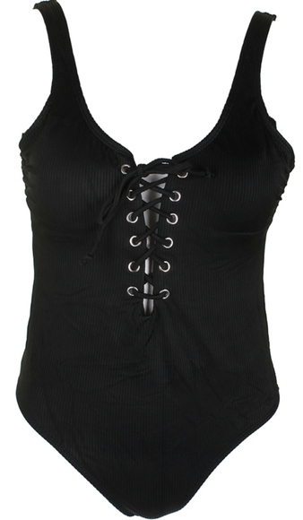 California Waves Ribbed LaceUp, One Piece Swimsuit,black, size XS - Picture 2 of 4